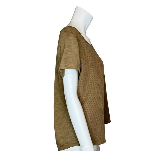 CHICOS Size 2 US L Perforated Microsuede Slub Knit Mixed Media Short Sleeve Top - Picture 4 of 6